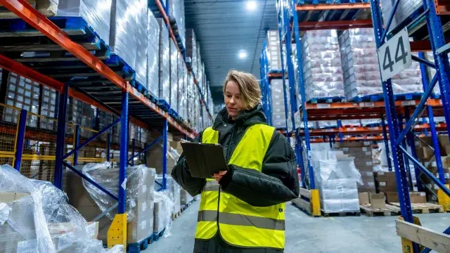Arbeiterin prüft Waren mit einem digitalen Tablet