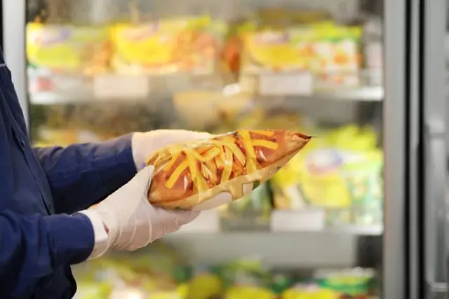 Manos enguantadas sosteniendo una bolsa de papas fritas congeladas en el supermercado.