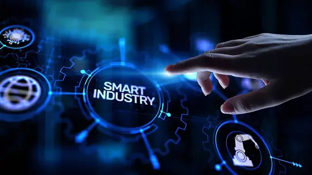 hand touching an electronic button that says "smart industry" and the pushbutton is connected to other technology logos